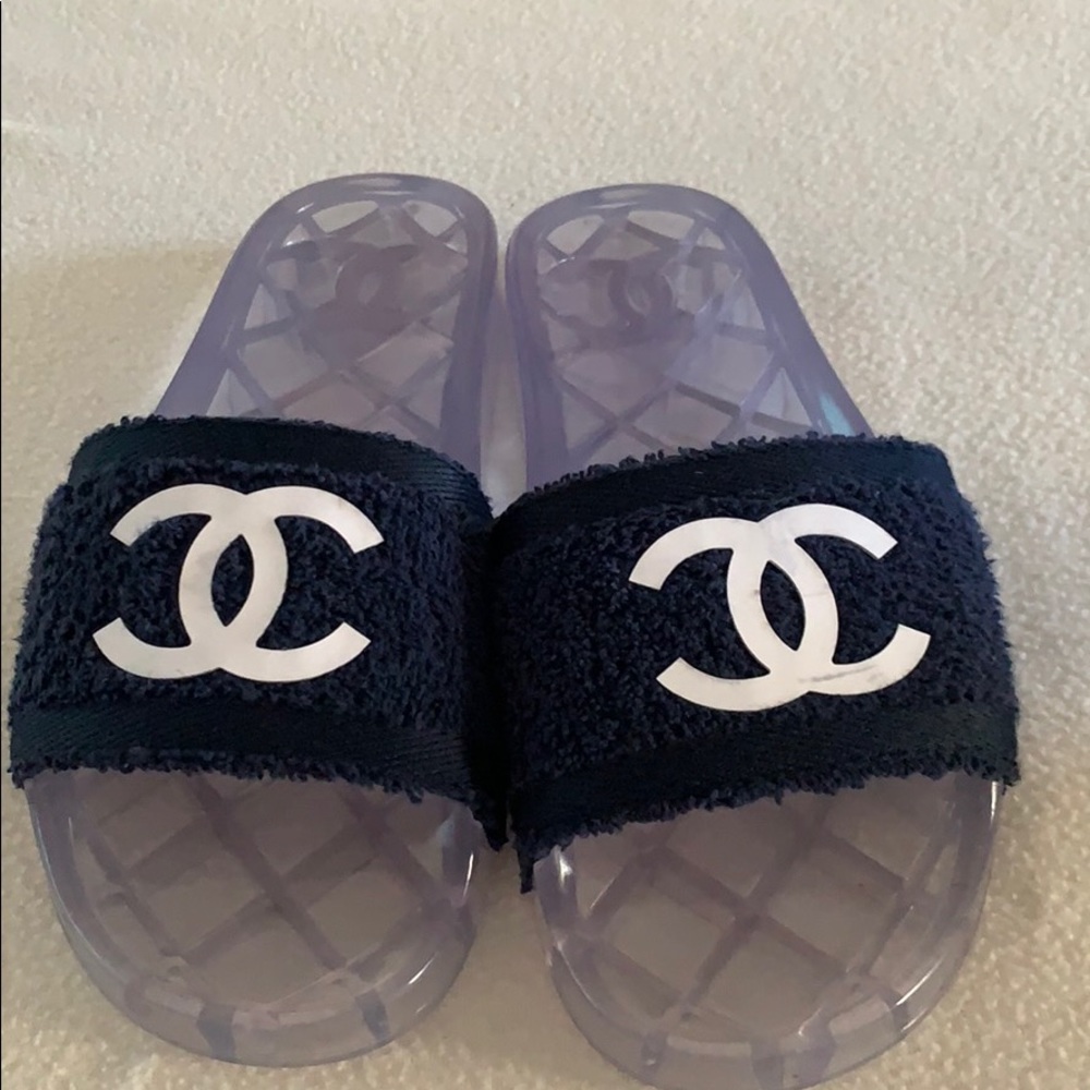 Chanel Navy 19p Cc Logo Fabric/Pvc Pool Mules